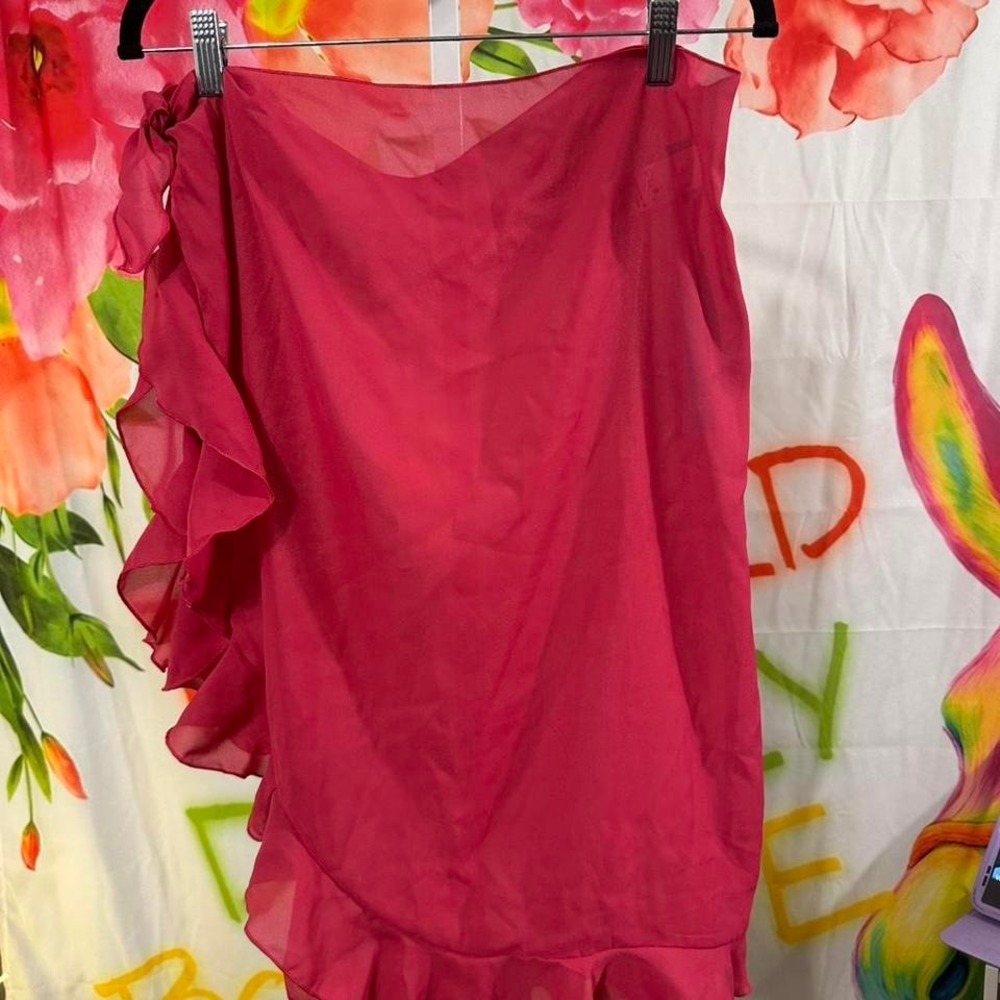 B38. Pink ruffle swimsuit coverup, sheer overlay